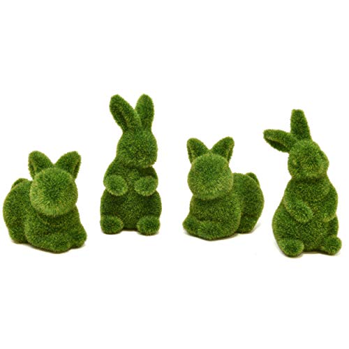 Gift Boutique 4 Green Fuzzy Flocked Bunny Easter Holiday Spring Decor Rabbit Figurines Garden Artificial Animal Moss for Indoor Table Home Kitchen Shelf Decorations Furry Covered Rabbits
