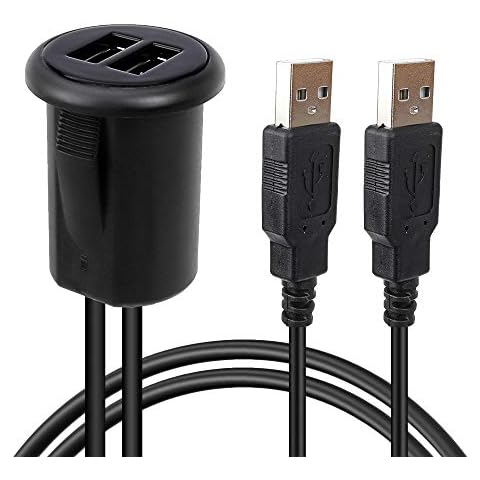 DAMAVO 2 Ports Dual Car USB Port 2.0 Male to Female USB Cable AUX Flush Mount, YM1240 Car Mount Extension Cable with Buckle for Car Truck Boat Motorcycle Dashboard Panel Cover