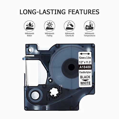 Oozmas Replacement For Dymo 18488 Rhino 4200 5200 5000 6000 3000 Label Tape Flexible Nylon Work With Dymo Rhino Pro Labelwriter Industrial Label Makers, Black On White, 1/2 Inch, 3-Pack #TOP2