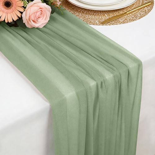 Chemin de Table en Mousseline Vert Sauge, 77 x 300 CM Chemins de Table Doux et Confortable en Mousseline de Soie pour Mariage Bohème,Fête, Baptême,Baby...