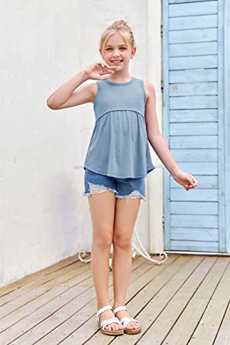 Girls Tank Top Summer Sleeveless T Shirt Ruffle Peplum Flowy Crewneck Casual Cute Tee Blouse Age 5-13 Blue #TOP3
