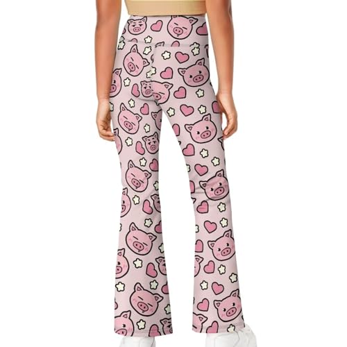 AmzPrint Girls Hippie Pants Wide Leg Bell Bottom Cute Cartoon Piggy Pig Print Pink Flare Leggings for Girls 12-143