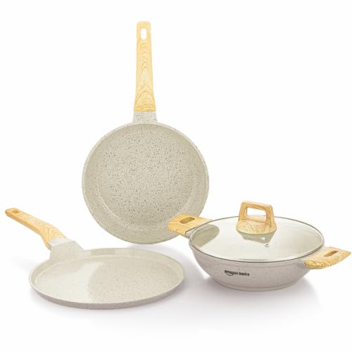 Image of Amazon Basics Ceramic Non Stick Cookware Set 3 Pieces | 28cm Dosa Tawa, 24cm Fry Pan, 24cm Kadai with Glass Lid (2.3L) | Gas & Induction Compatible | Wooden Finish Bakelite Handle | Ivory
