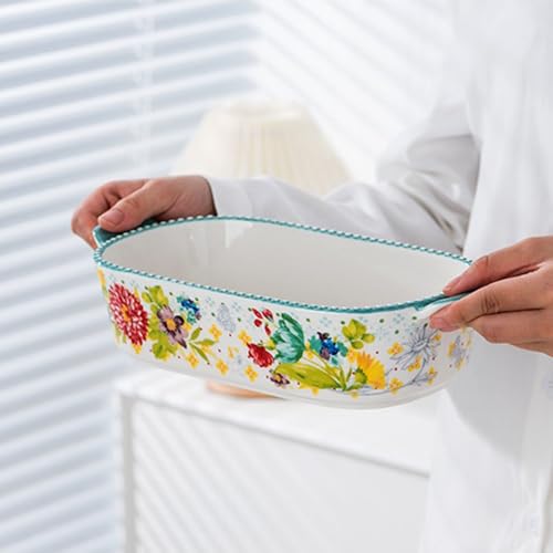 Naczynia do pieczenia Kolorowa, ręcznie malowana forma do pieczenia w kwiaty z podwójnym uchwytem