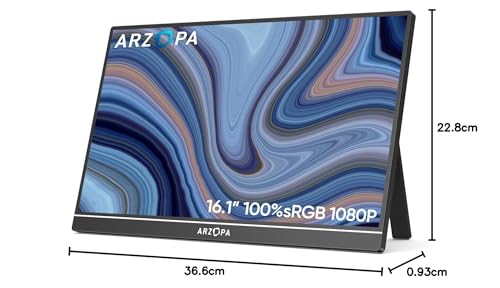ARZOPA 16.1 Portable Monitor, 1920×1080 FHD IPS Tragbarer Monitor für Laptop mit Einzelstange, Unterstützt HDMI/Typ-C/USB-C, Augenschutz-Gaming-Bildschirm für Laptop/PC/Mac/PS3/4/5/Xbox