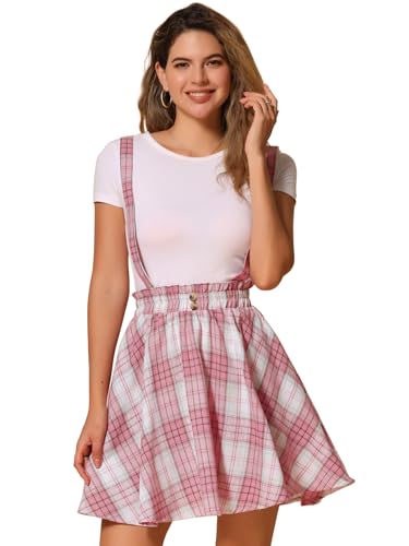 Allegra K Women's Christmas Plaid Pleated Mini Tartan Overall Skater Suspender Skirt