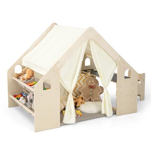 RELAX4LIFE 6 en 1 Tienda de Campaña Infantil con Estructura Madera, Mesa de Doble Cara, Silla, Pizarra, Alfombra y 6 Cajas, Parque Infantil Bebe con 2 Puertas y Ventana, Casita Infantil
