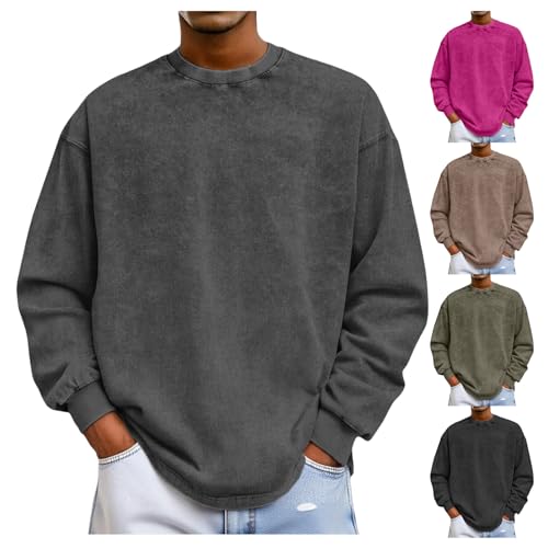 T-Shirts for Men Drop Shoulder Oversized Pullover Sweatshirt Solid Color Crewneck Washed Shirts Retro Distressed Tops4