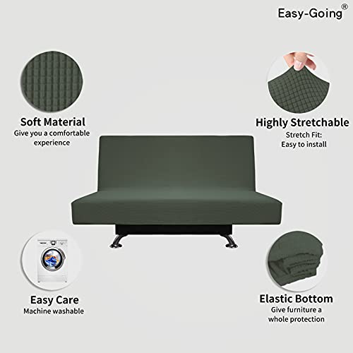 Image of Easy-Going Stretch Medium Futon Slipcover Armless Futon Cover Olive Green | Sofa Bed Furniture Protector Without Armrests with Elastic Bottom for Kids, Soft Jacquard Machine Washable