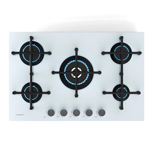 Klarstein Illuminosa 5 Placa de Gas, 5 Quemadores Sabaf, Cristal Templado, Encendido Eléctrico, Compatible con Gas Natural y GLP, Soportes de Hierro Fundido, 76×13×50 cm, Blanco