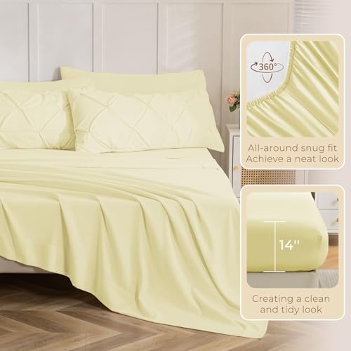 Image of Sasttie Queen Comforter Set, 7-Piece Bed in a Bag, Pintuck Bedding Sets for All Season, Includes Comforter, Flat Sheet, Fitted Sheet, Pillowcases and Pillowshams, Cream Yellow