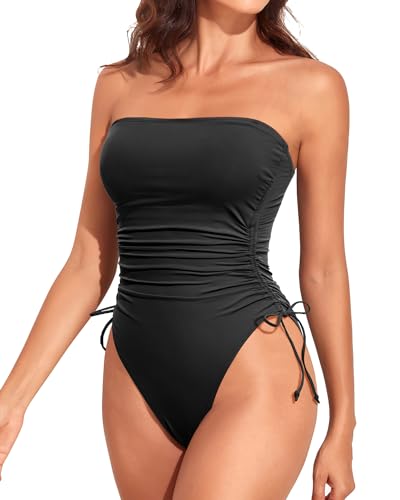 Yonique Women Strapless One Piece Swimsuit Tummy Control Bandeau Bathing Suit Cheeky Swimwear Black S thumb #1