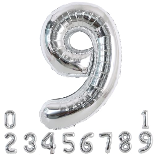 Image of TONIFUL 40 Inch Silver Number 9 Balloon Large Foil 9th Birthday Decorations | Silver 9 Balloon Number Nine for 9th 39th 90th Birthday 9 Year Anniversary, Silver Birthday Decor for Men Women Boys Girls