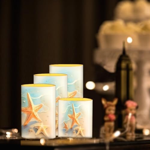 Image of Flameless Candles Battery Powered LED Pillar Candle Tealights with Remote Timer Color Changing Control for Indoor Outdoor Coastal Home Decor Set of 4, Beach Starfish Blue