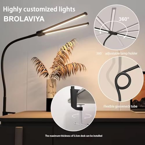 Image of BROLAVIYA Overhead LED 2 Head Dimmable, Aluminum Frame Desk Lamp Light with Multi-Angle Rotation,3 Lighting Modes for Home, Office, Desktop,Bedroom, Reading,etc