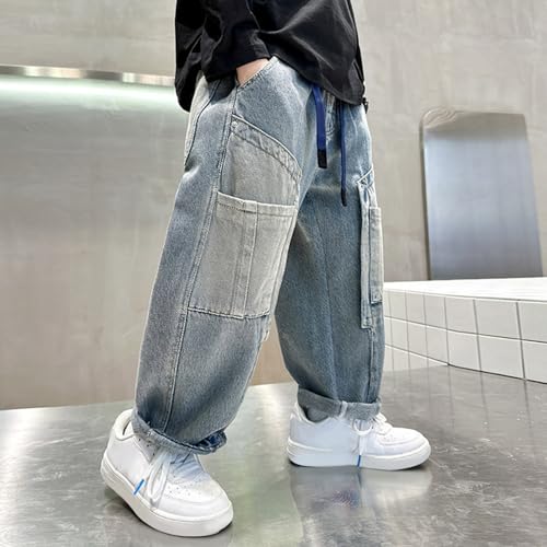 Boys Baggy Jeans Kids Wide Leg Straight Denim Cargo Pants Casual Elastic Waist Trousers with Splicing Decoration3