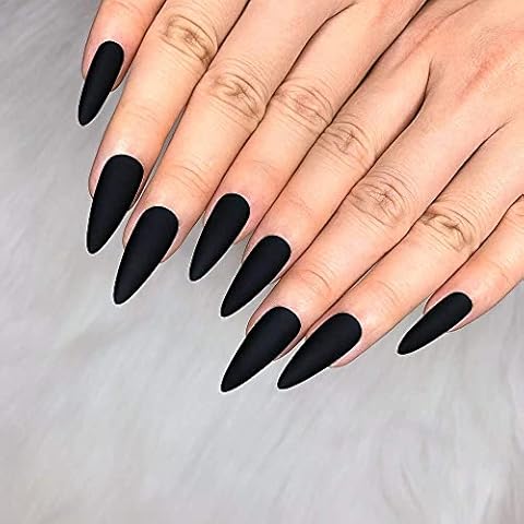 Morily 24pcs Fake Nails Matte Pure Color Medium Long Stiletto Almond Press on Nail False Tips Artificial Finger Manicure for Women (Black) Cover