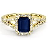 1.00 Carat Emerald Cut Blue Sapphire & White Diamond Split Shank Halo Engagement Ring For Women, 14K Yellow Gold Plated 925 Silver September Birthstone Sapphire Bridal Side Stone Ring