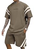 Remxi Herren Trainingsanzug Set Sommer Shorts 2 teiliges Set für Männer Gestreiftes T-Shirt Kurze Hose Jogginganzug Sportanzug Tracksuit Khaki M