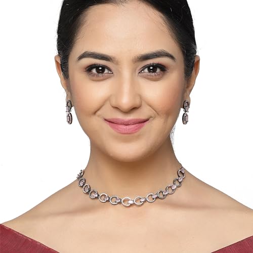 Image of ZENEME Rhodium-Plated American Diamond Studded Disc-Shaped Necklace With Earrings Jewellery Set For Girls and Women