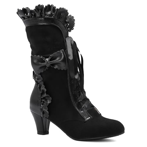 Ruffles Bow Victorian Boots for Women Block Heel Lace up Mid Calf Boots