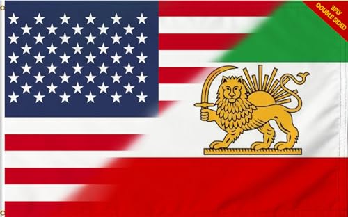 Heavy Duty Double Sided USA and Old Iran Friendship Flag 3X5FT 3ply, America Former Iran Historic Flags with Sun Lion，Persia Iranian Banner UV Resistant ,Double Stitched,Brass Grommets and Strong Header,Outdoor and Indoor Decro Banner. (US Iran 3ply, 3x5)