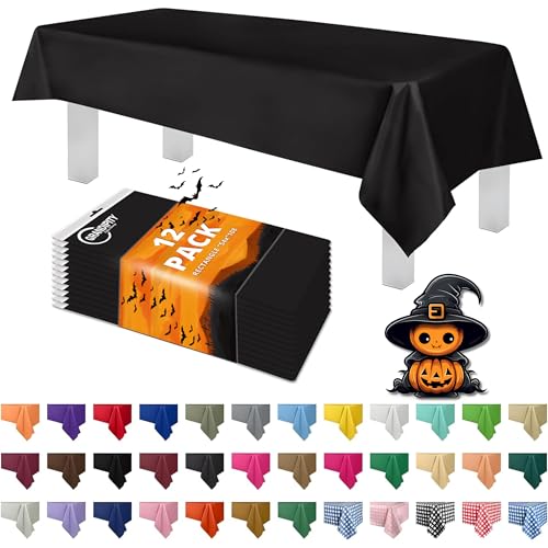 Grandipity 12 Pack Premium Disposable Plastic Tablecloth 54 Inch. x 108 Inch. Decorative Rectangle Table Cover - Black