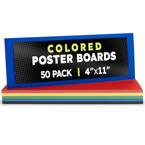 Image of Hygloss Small Colored Poster Board 4x11 - 50 Assorted Standard Color Bulk Pack - Red, Yellow, Green, Blue, Black - 10 Pt. Thickness Poster Board Paper - Posterboard Multipack 4 inch x 11 inch