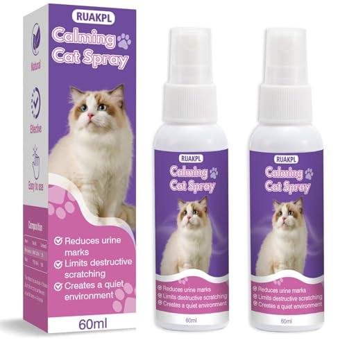 RUAKPL Cat Calming Spray 60 ML 2 Pack Calming Solution for Cats Cat Pheromone Spray Reduces Stress Anxiety Scratching Calming Spray for Cats Good for Home Travel Cat Pheromones Calming Spray