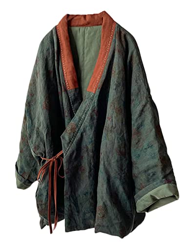 NFYM Women's Cotton Padded Short Jacket Kimono Cardigan Wrap Front Chinese Hanfu Style Printed Patchwork Loose Outwear