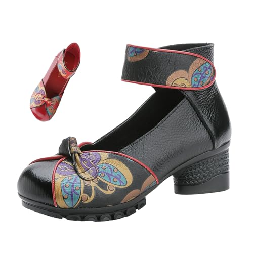Women's Leather Block Heel Dress Pumps,Comfort Vintage Bow Print Closed Toe Hook Loop Ankle Strap Oxford Casual Shoes