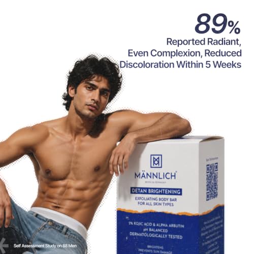 Image of Mannlich 2% Kojic Acid Exfoliating Soap with Alpha Arbutin, Glycolic Acid, Niacinamide & Activated Charcoal | For Pigmentation, Dark Spots, Tan Removal, Brightens Underarms | pH Balanced, SLS Free, Dermatologically Tested | 75 g (Pack of 6)