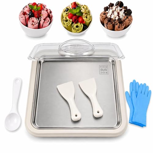 Rolled Ice Cream Maker with Lid – Instant Ice Cream Roller Plate with 2 Spatulas, Measuring Spoon & Gloves – Portable Ice Cream Roll Maker for Homemade Frozen Treats