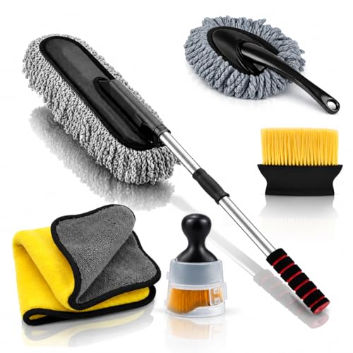 Image of 5 PCS Microfiber Car Cleaning Kit with Extendable Handle - Car Cleaning Kit for Interior Exterior, Scratch & Lint Free Car Duster, Car Cleaning Accessories, Car Wash & Detailing Kit for Car Bike Home