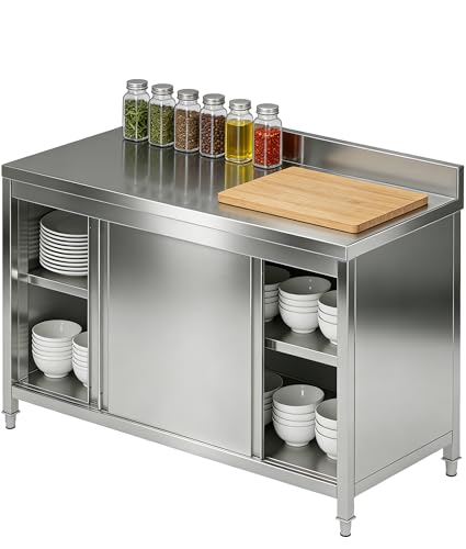 Stainless Steel Work Table with Sliding Door Cabinet, 59" x 24"