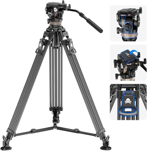 Image of NEEWER 78 inch Carbon Fiber Video Tripod with Fluid Head, One Step Release Lock Tripod with 6 Level Dynamic Counterbalance, 4 Level Pan /Tilt Damping, Mid Spreader, Dual Mode QR Plate, Max Load 18lb, LL55