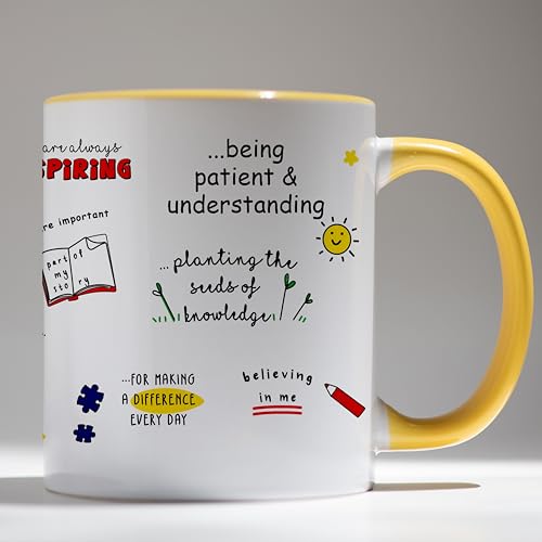 Image of DAYS Thank You Teacher Personalized Mug Custom Teacher's Name Teacher on Birthday Helping Me to Grow Teachers Gift for Teacher Coach Mentor Guide Ceramic Mug 11oz (Yellow Mug)