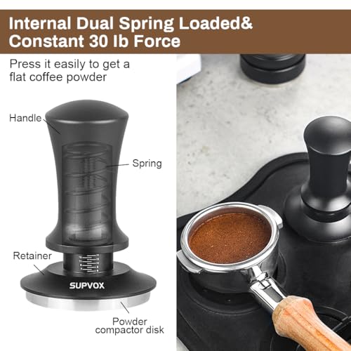 Image of Supvox 51mm Coffee Tamper Premium Coffee Accessories with Calibrated Spring Loaded, Flat Stainless Steel Base Tamper for Espresso Machine(Black)