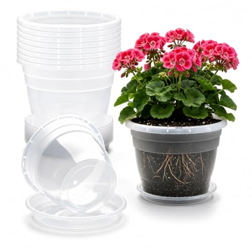 Image of RooTrimmer 10 Pack 8 Inch Clear Nursery Pots with Drainage Holes & Saucers
