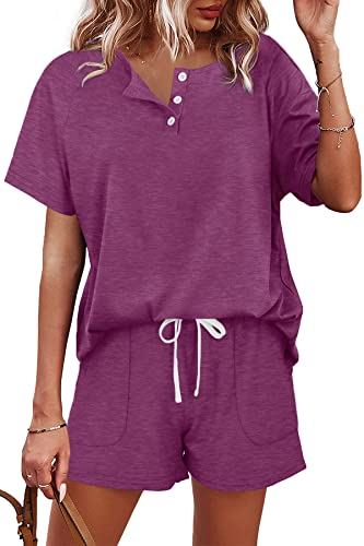 Image of WIHOLL Two Piece Outfits for Women Lounge Sets Button Down Top and Shorts Set Sweatsuits with Pockets