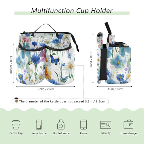 Image of Luggage Cup Holder for Suitcases Free Hands Suitcase Cup Holder Travel Luggage Drink Holder Portable Luggage Cup Caddy Bag Carrier with Handle Watercolor Cornflower Daisy