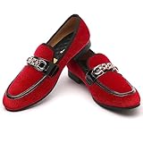 Men's Velvet Loafers, Mens Dress Shoes with Gold Chain, Classic Suede Loafers Slip-On Smoking Slippers, Penny Party Wedding Driving Shoes for Men, Bright Red