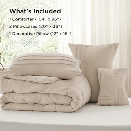 Image of Bedsure California King Comforter Set - 4 Pieces Pinch Pleat Bed in A Bag, Linen Boho Bedding Sets for Summer, 1 Soft Comforter, 2 Pillowcases, 1 Decorative Pillow