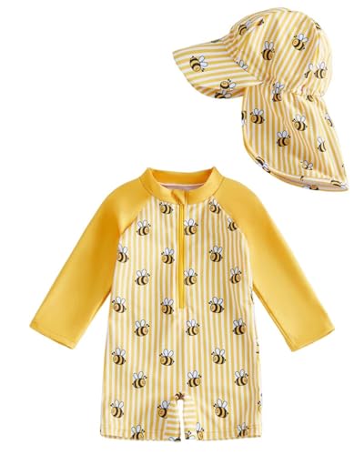 JiAmy Baby UV Kleidung Badeanzug Mädchen Kleinkinder Schutz Einteiliger Schwimmanzug Bademode Badebekleidung Schutzkleidung mit Sonnenhut Gelb 18-24 Monate