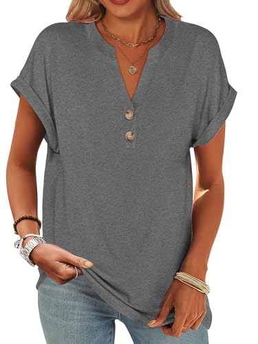 Image of ANRABESS Womens Short Sleeve Henley Tops V Neck Dressy Casual Blouses Summer Trendy Tee Shirts 2026 Vacation Fashion Clothes