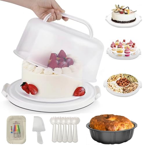 Cake Carrier with Lid and Handle - Multipurpose Cake Stand with Lid Cupcakes - Cake Holder & Lid, Plastic Cake Container, Round Cake Cover for Transport & Storage 12inch cake pie