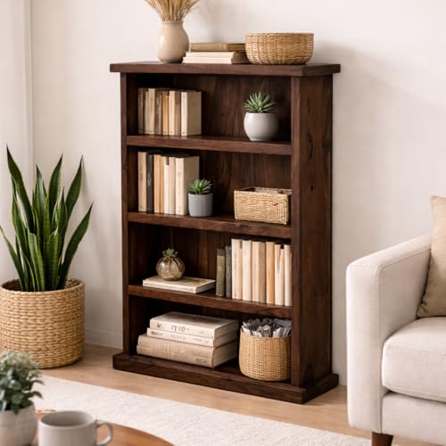 Image of ANGEL FURNITURE Solid Sheesham Wood Storage Bookshelf Medium Size, Walnut Finish, 80x23x100CM
