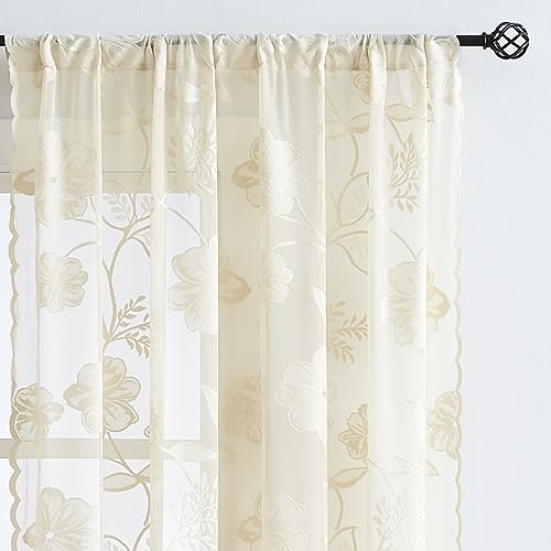 Image of Sheer Beige Lace Curtains for Bedroom Living Room Studio 84inch Long Vintage Rose Floral Embroidered Semi Sheer Curtain Panels Privacy Leaf Sheer Drapes with Scalloped Edge Ivory, 54 inchw 2pcs 7ft