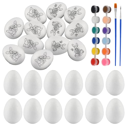 2.36 Inch Easter Foam Eggs for Crafts 24pc White Small Styrofoam Eggs White DIY Painting Solid for Easter with 12-Color Tempera Paint & Brush DIY Arts & Crafts