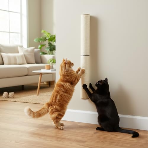Pinkgarden Rascador para gatos montado en la pared, poste vertical de sisal de 60 cm para gatos de interior, mueble de pared para gatos que ahorra espacio con cuerda de yute natural y diseño giratorio
